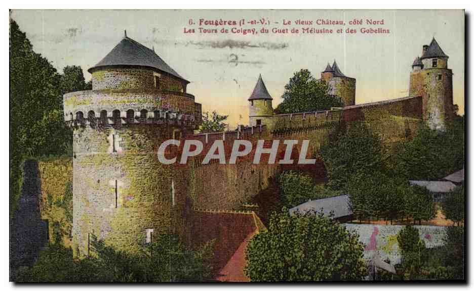 Fougères (Ille-et-Vilaine) — Das alte Schloss, Nordseite. Die Türme von Coigny, der Wachturm von Mélusine und die Türme der Gobelins