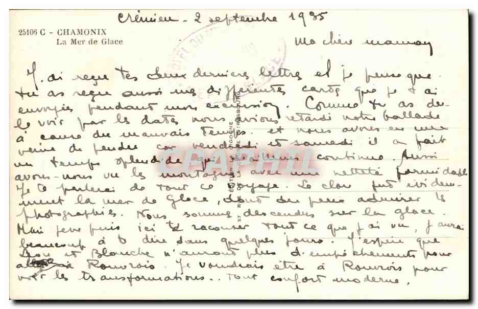 Chamonix - La Mer de Glace - 1935 - CPA  — Verso