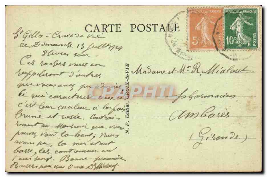 Croix-de-Vie (Vendée) — Les Rochers de la Pelle à Porteaux. En face, les villas « Paisible » et « Lucia » — N.P. Éditeur, Croix-de-Vie — Verso