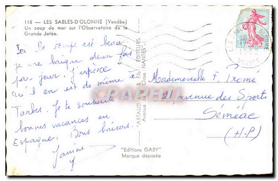Les Sables-d'Olonne — Ansichtskarte mit Meeresbrandung am Observatorium der Grande Jetée — Éditions Gaby — Rückseite