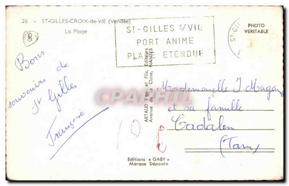 Saint Gilles Croix de Vie CPA La plage — Verso
