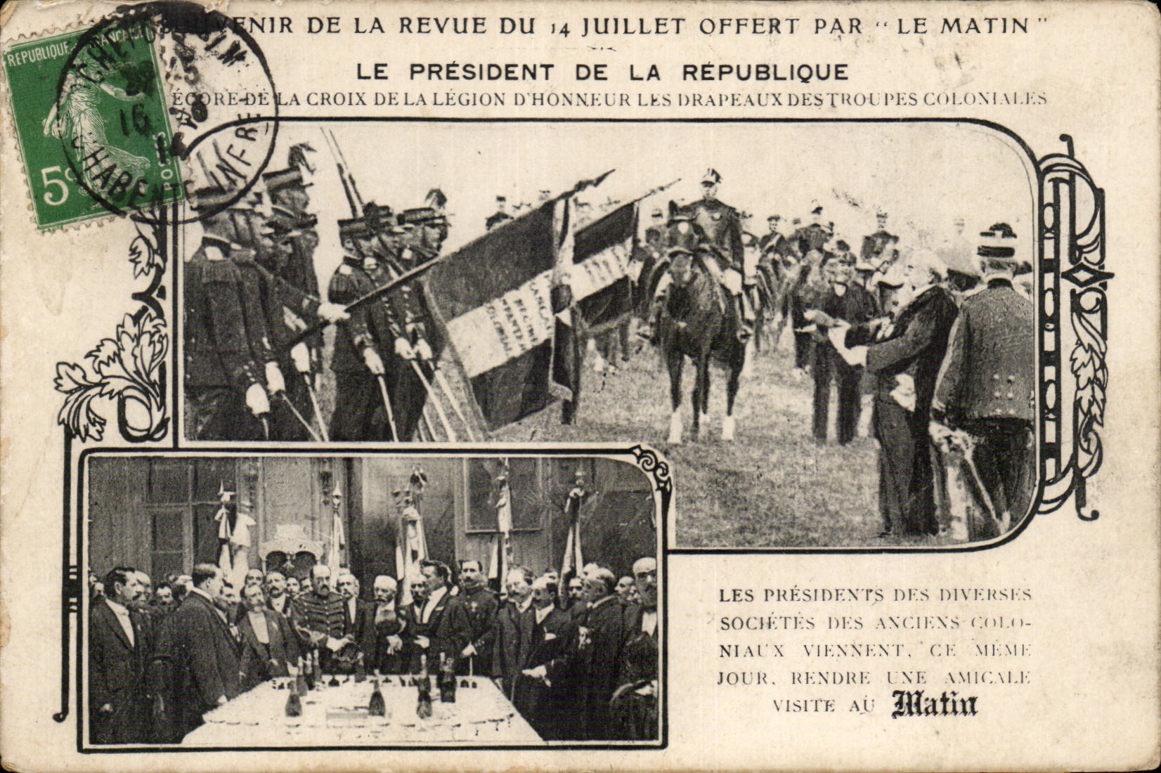 CPA Souvenir de la revue 14 juillet offert par le Matin Decore de la croix de la legion d'honneur les drapeaux colonies