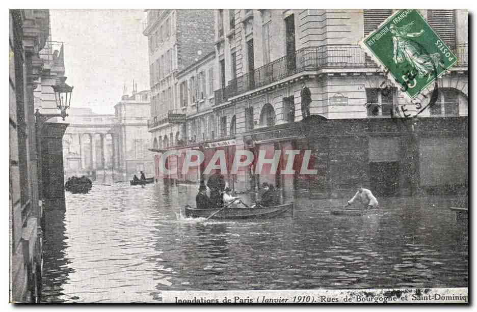 Paris 7 - Crue de la Seine - Rue de Bourgogne et Saint Dominique - CPA 