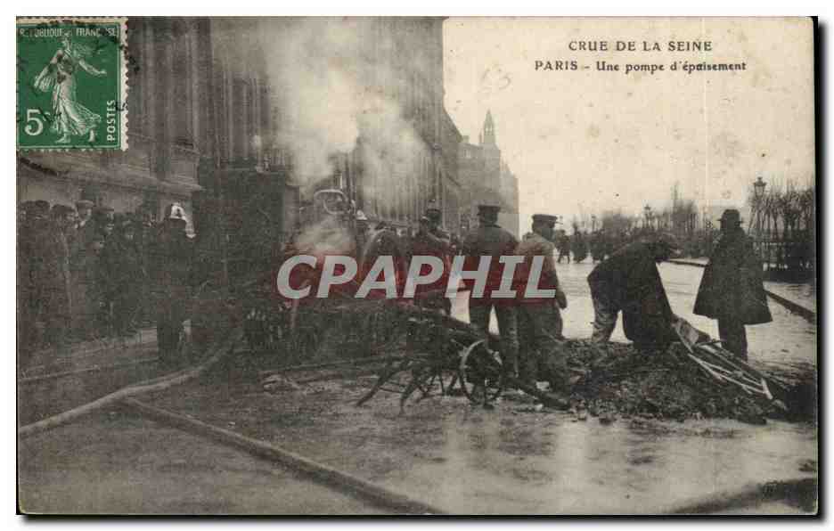 Overstroming van de rivier de Seine — Parijs — Een afvoerpomp — R. Deloque, Frankrijk