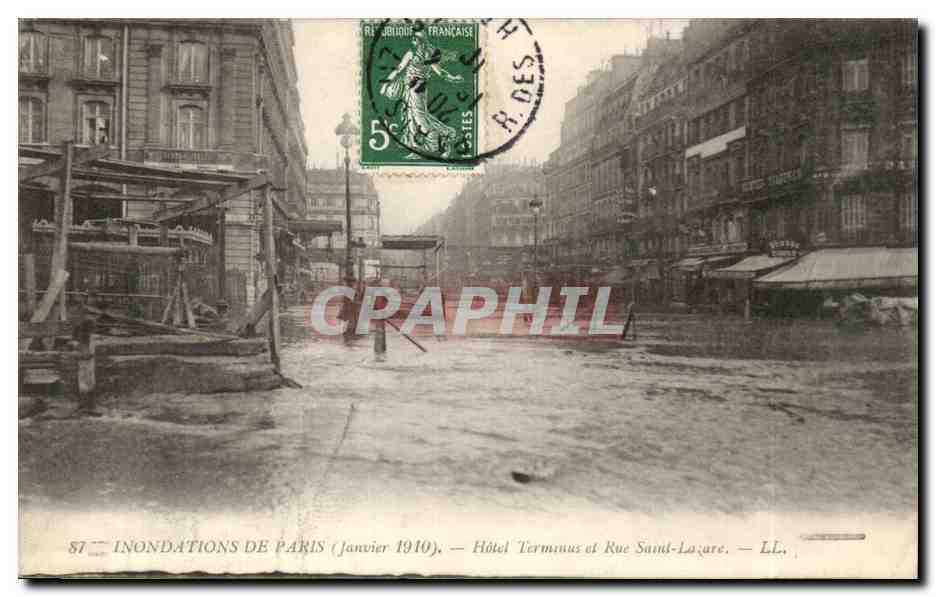 Inondations de Paris — Janvier 1910 — Hôtel Terminus et Rue Saint-Lazare — LL