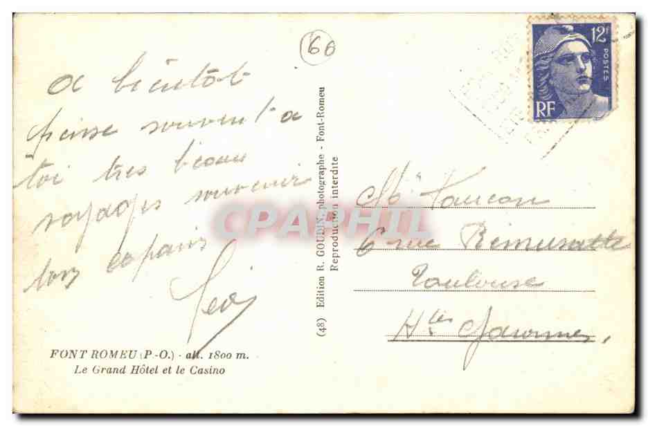 Font Romeu CPA Le grand hotel et le casino — Rückseite