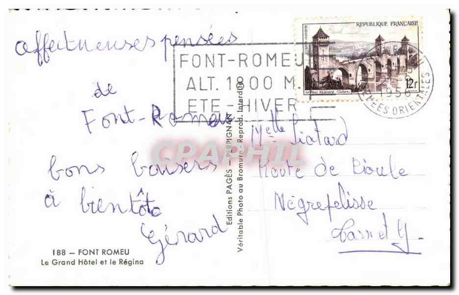 Font Romeu CPA Le grand hotel et le Regina — Rückseite