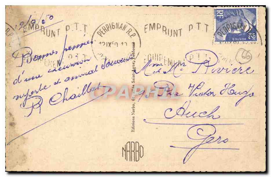 Perpignan CPA Palais consulaire et la nouvelle Poste — Rückseite