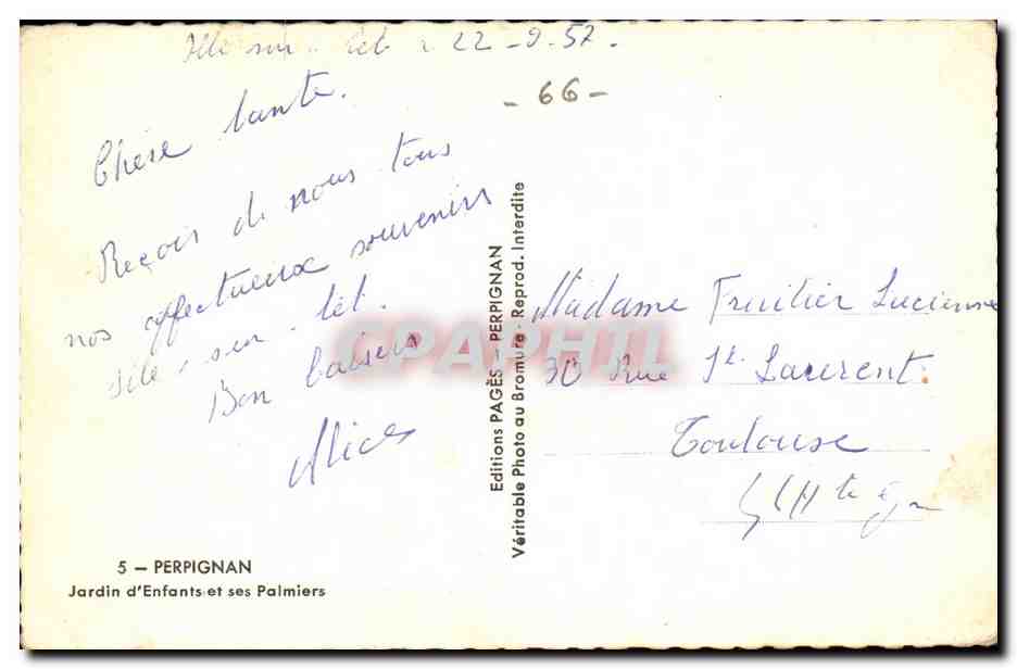 Perpignan - Jardin d'enfants et des Palmiers - CPA  — Rückseite