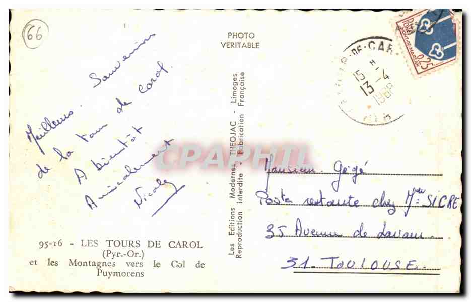 Les Tour de Carol et les Montagnes ver le Col de Puymorens - CPA  — Rückseite