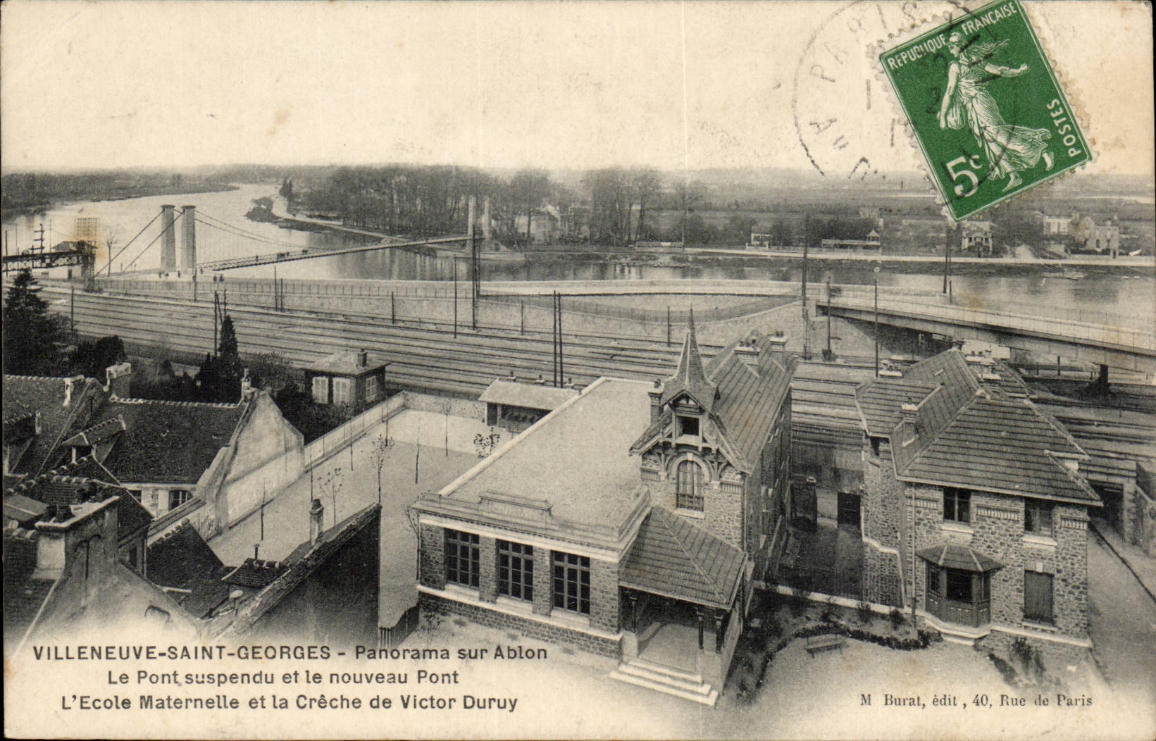 Villeneuve Saint Georges CPA Panorama sur l'Ablon Le pont suspendu et le nouveau pont Ecole maternelle et creche Duruy