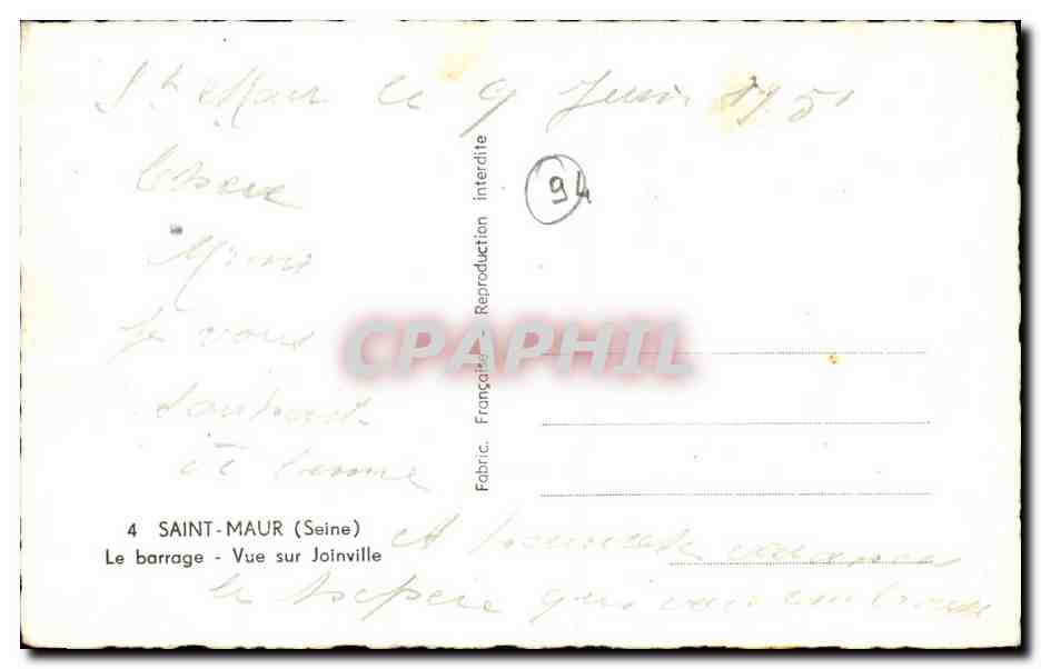 Saint Maur CPA Le barrage Vue sur Joinville — Rückseite
