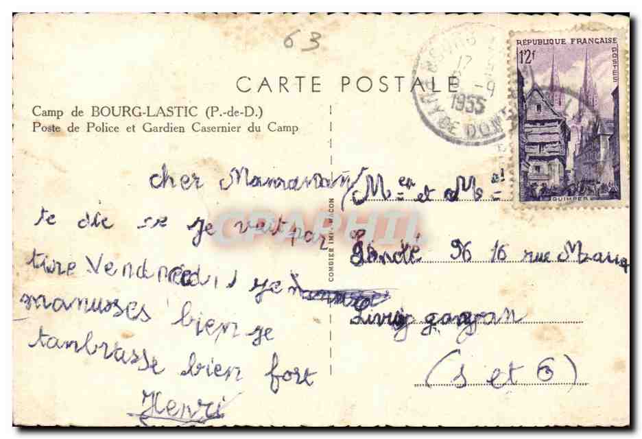 CPA Camp de Bourg Lastic Poste de police et gardien caserbier du camp — Verso