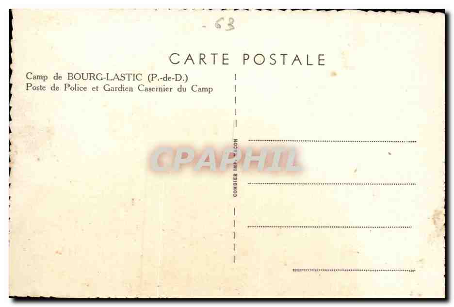 Camp de Bourg-Lastic — Poste de Police et Gardien Casernier du Camp — Carte postale CPAHIL — Verso