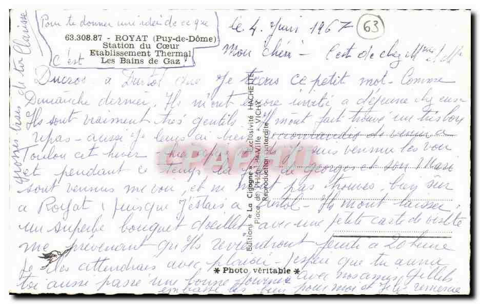 Séance de bain de gaz à Royat — Établissement du Cœur — La Cigogne — Verso