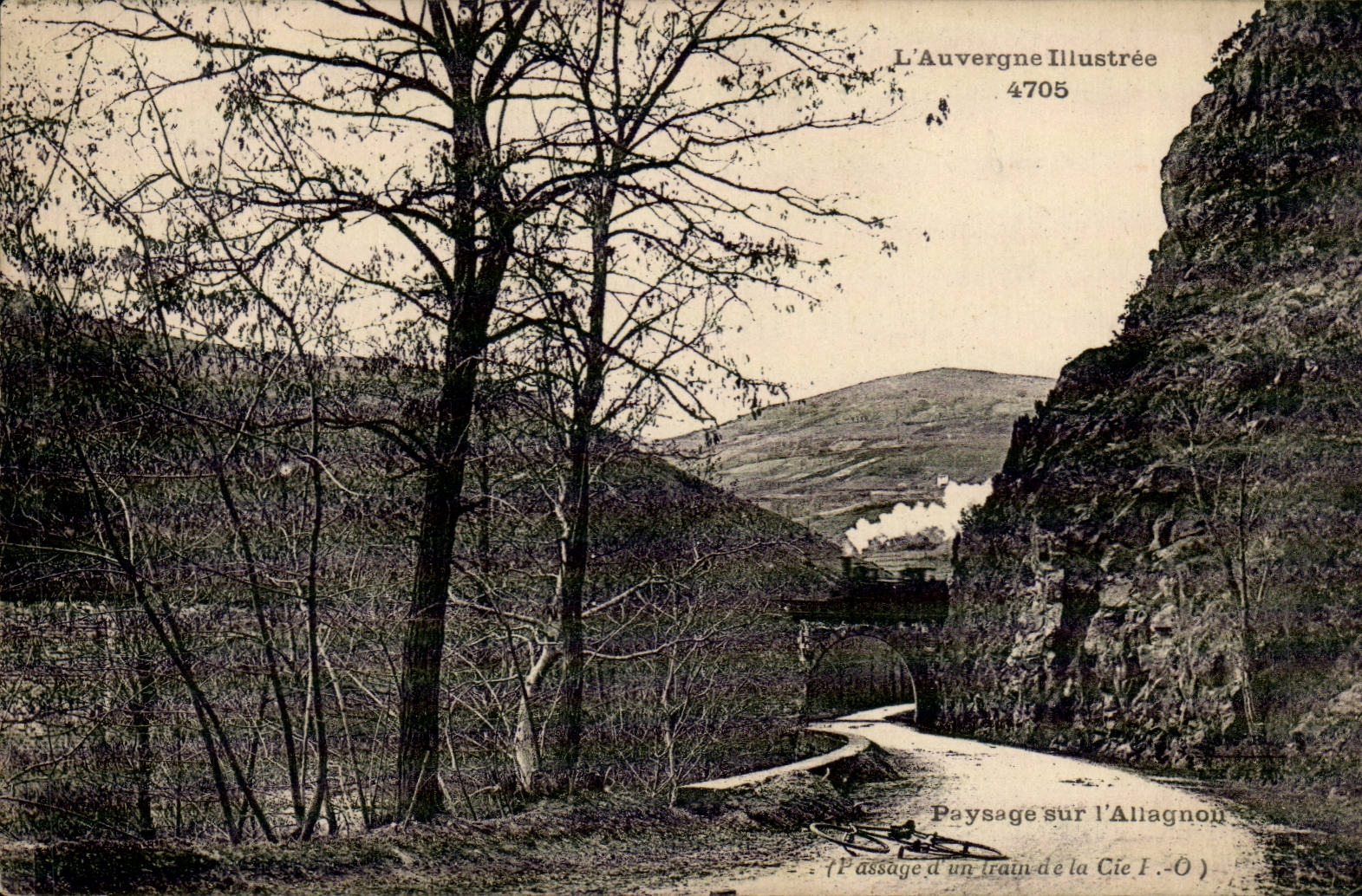 Paysage sur l'Allagnon — Passage d'un train de la Cie I.Ô — L'Auvergne Illustrée 4705