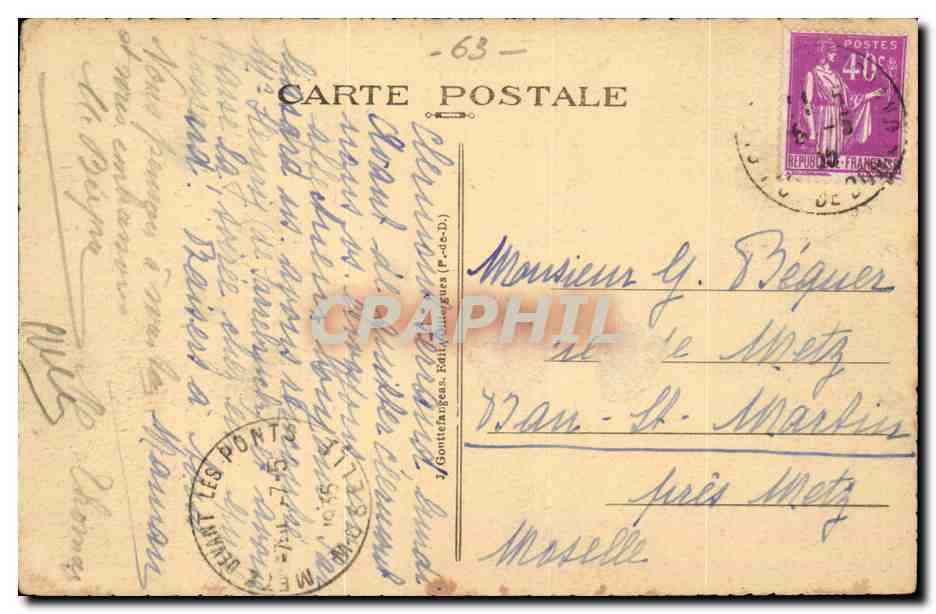 Le puy de Dome CPA Vu du pied (vaches) — Verso