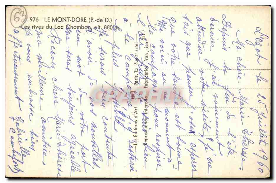 Le Mont Dore - Les Rives du Lac Chambon alt 8801 m - CPA  — Verso