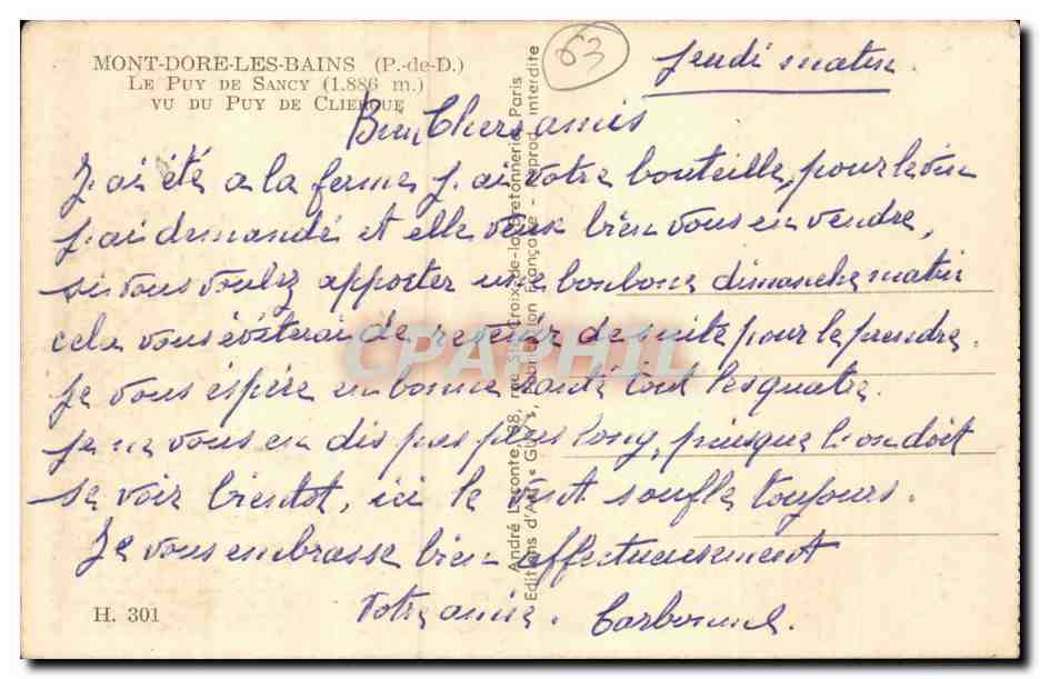 Le Mont Dore les Bains - Le Puy de Sancy - 1886 m - CPA  — Verso