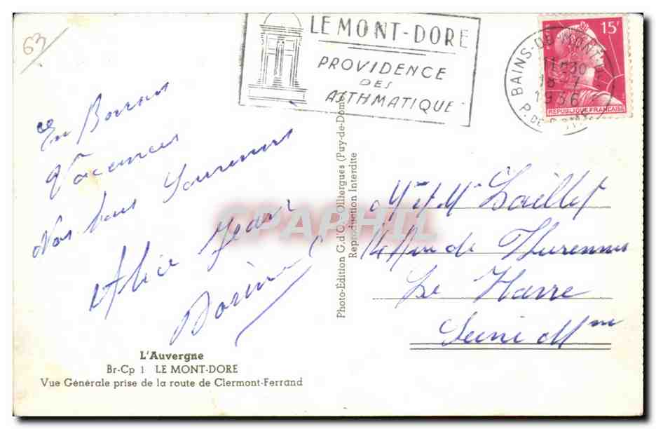Le Mont Dore - Vue Generale prise de la route de Clermont Ferrand - CPA  — Verso