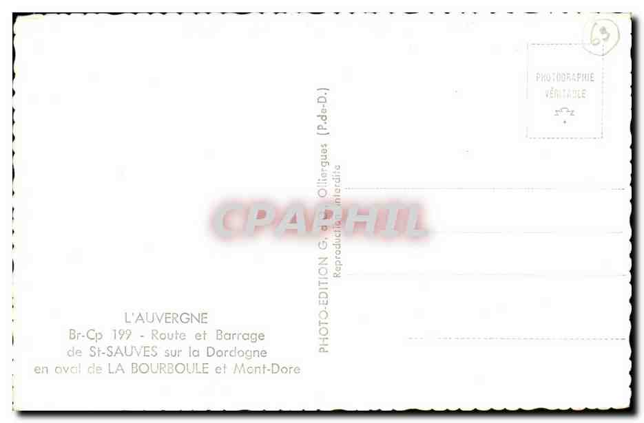 Route et barrage de St-Sauves sur la Dordogne — L'Auvergne — Édition G. d'Olliergues, n° Br-Cp 199 — Reverso