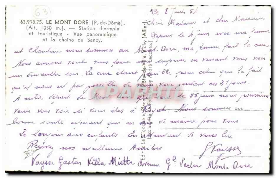 Vue panoramique du Mont-Dore — chaîne du Sancy — éditeur La Cicogne — Verso