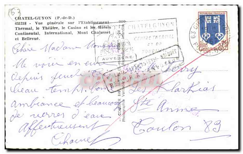 Châtel-Guyon — Vue générale sur l'Établissement Thermal, le Théâtre, le Casino, les Hôtels Continental, International, Mont Chaluset et Bellevue — Pim — Verso