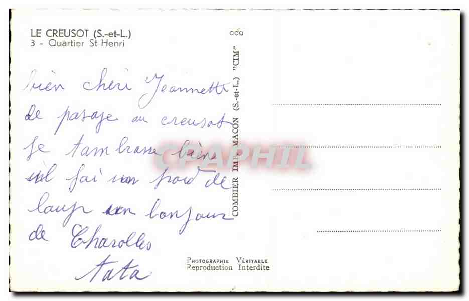 Le Creusot (S.-et-L.) — Quartier St-Henri — Combier Imprimeur — Verso
