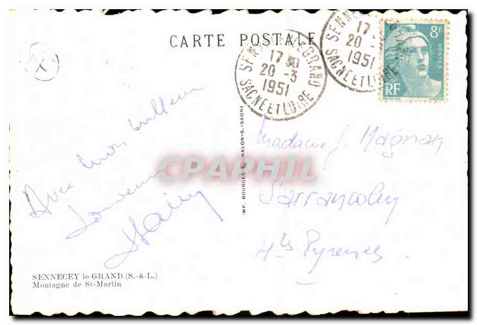 Sennecé-le-Grand — Montagne de Saint-Martin — IMP. BOURGEOIS-CHALON-S.-&-L. — Verso