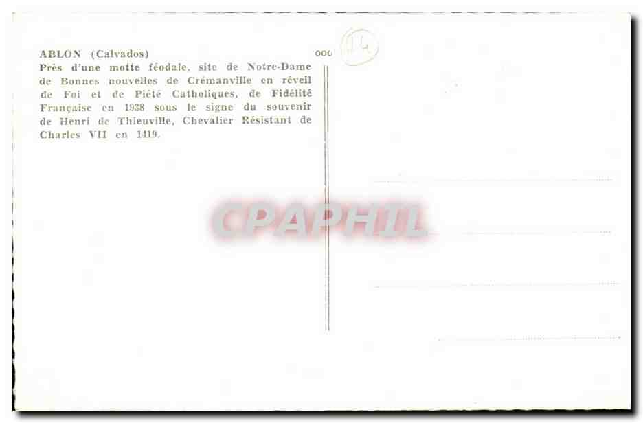 Ablon (Calvados) — site de Notre-Dame de Bonnes Nouvelles de Crémanville — éditeur CPAPHIL, n° 00014 — Reverso