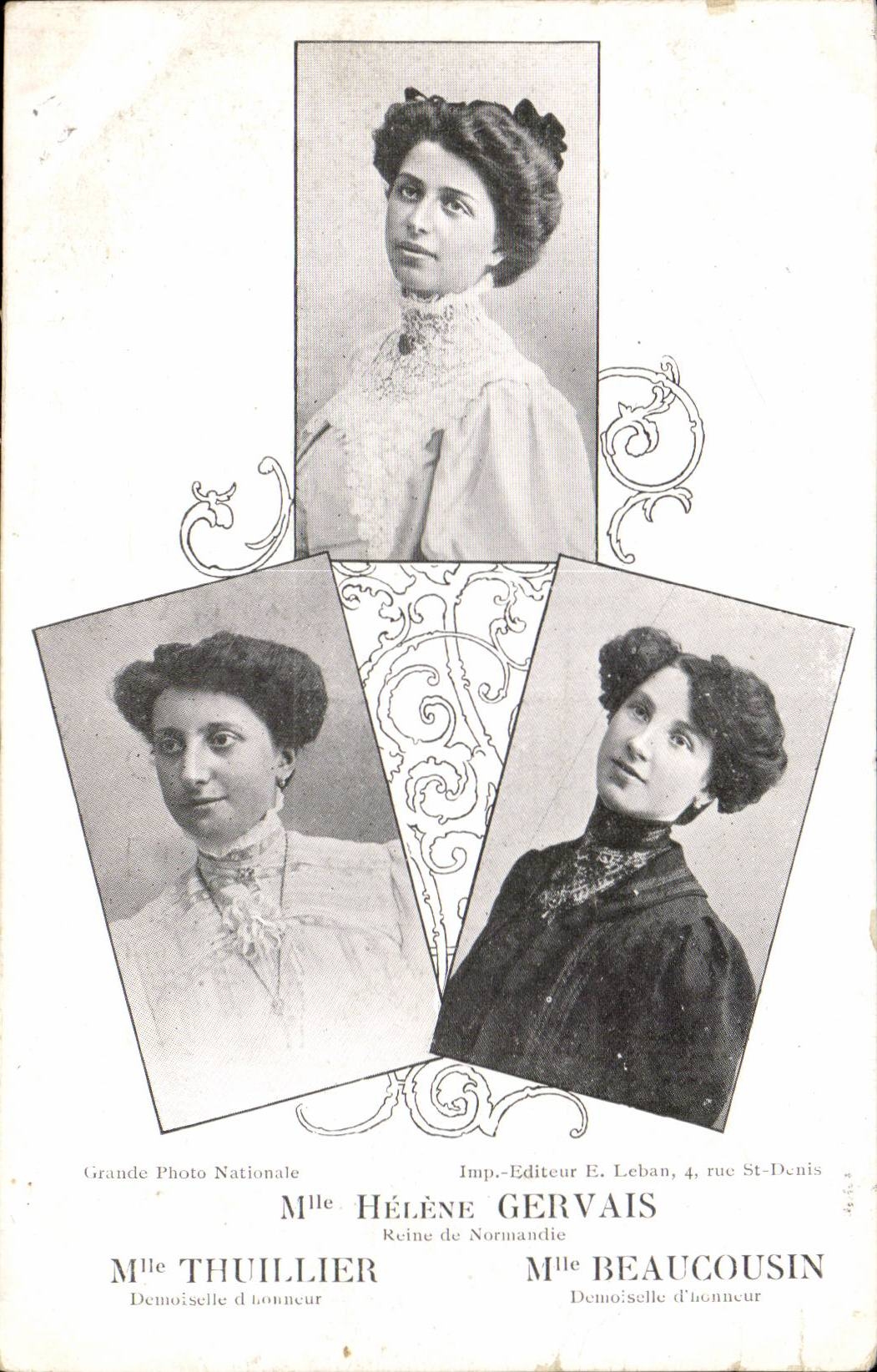 Trois demoiselles d'honneur — Mlle Thullier, Mlle Hélène Gervais, Mlle Beaucousin — Grande Photo Nationale, Imp. Editeur E. Leban, 4 rue St-Denis