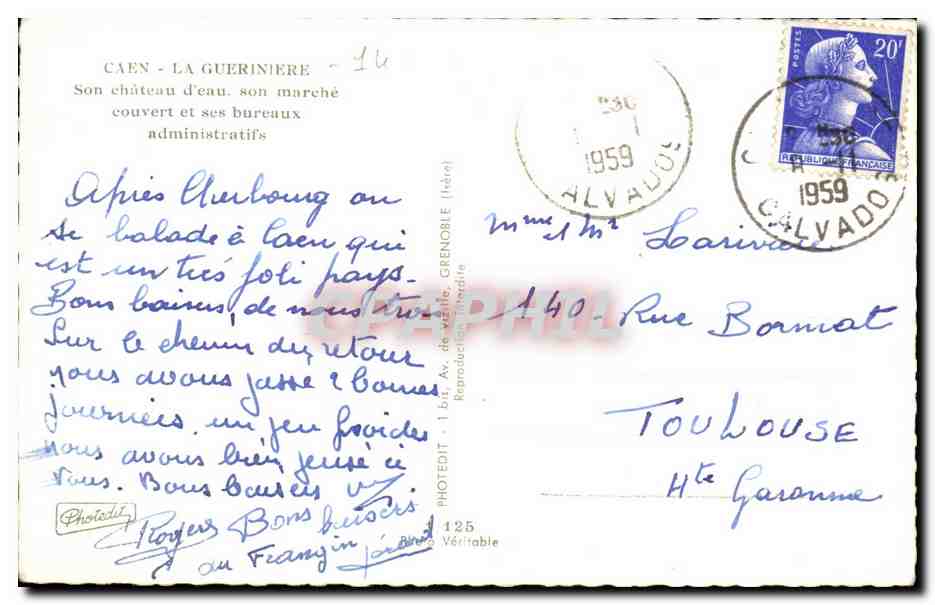 Caen - La Gueriniere - Son chateau d'eau son marche - CPA  — Verso