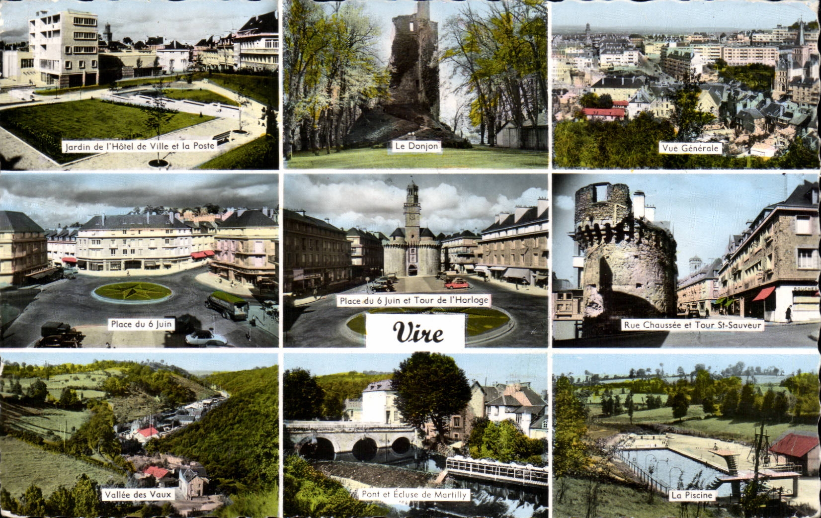 Vire — Vue Générale, Jardin de l'Hôtel de Ville, Le Donjon, Place du 6 Juin, Tour de l'Horloge, Rue Chaussée, Tour St-Sauveur, Vallée des Vaux, Pont et Écluse de Martilly, La Piscine — Éditions GAIBY