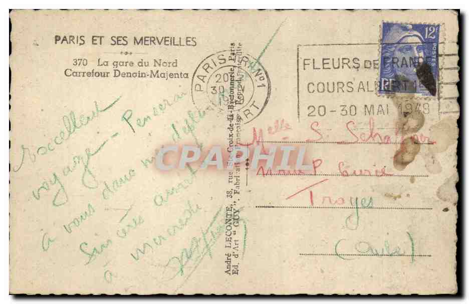 Paris CPA La gare du Nord Carrefour Denain Majenta — Verso