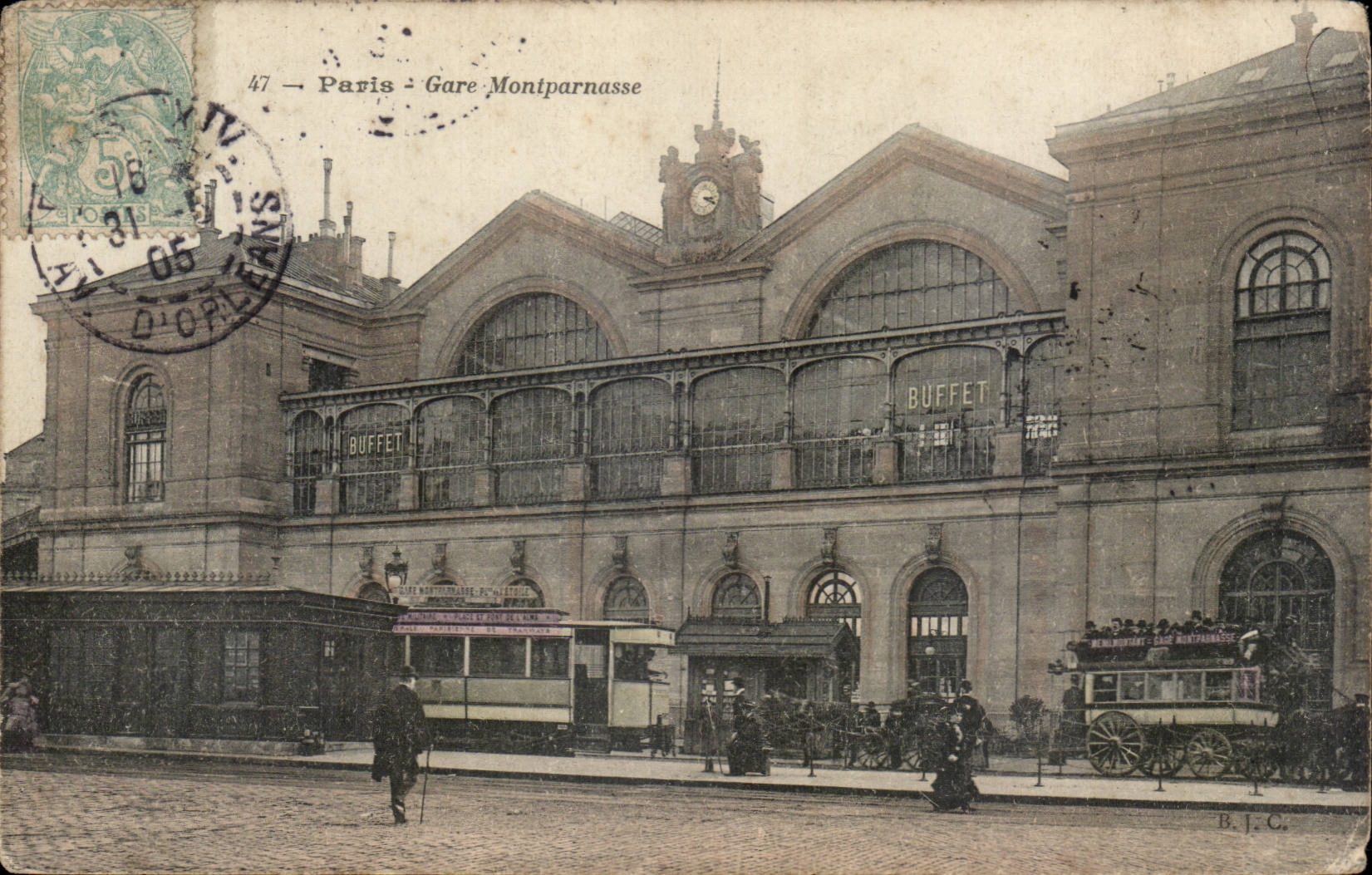 Paris - Gare Montparnasse — vue de la gare avec tramway et voiture à cheval — B.J.C. éditeur