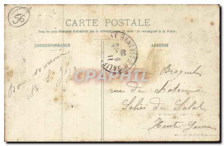 Noce Bretonne aux environs de VANNES — Après le festin ; invités dansant la Ridée. Au premier plan, les convives viennent de quitter les tables. — Collection H. Laurent, Port-Louis — Verso
