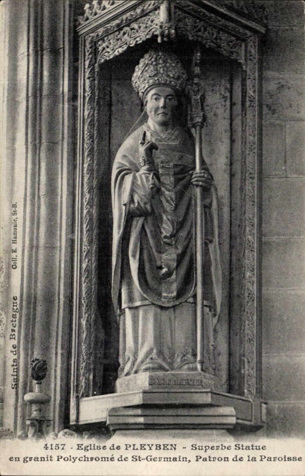 Pleyben - Eglise Superbe Statue en granit Polychrome de St Germain Patron de la Paroisse - CPA 