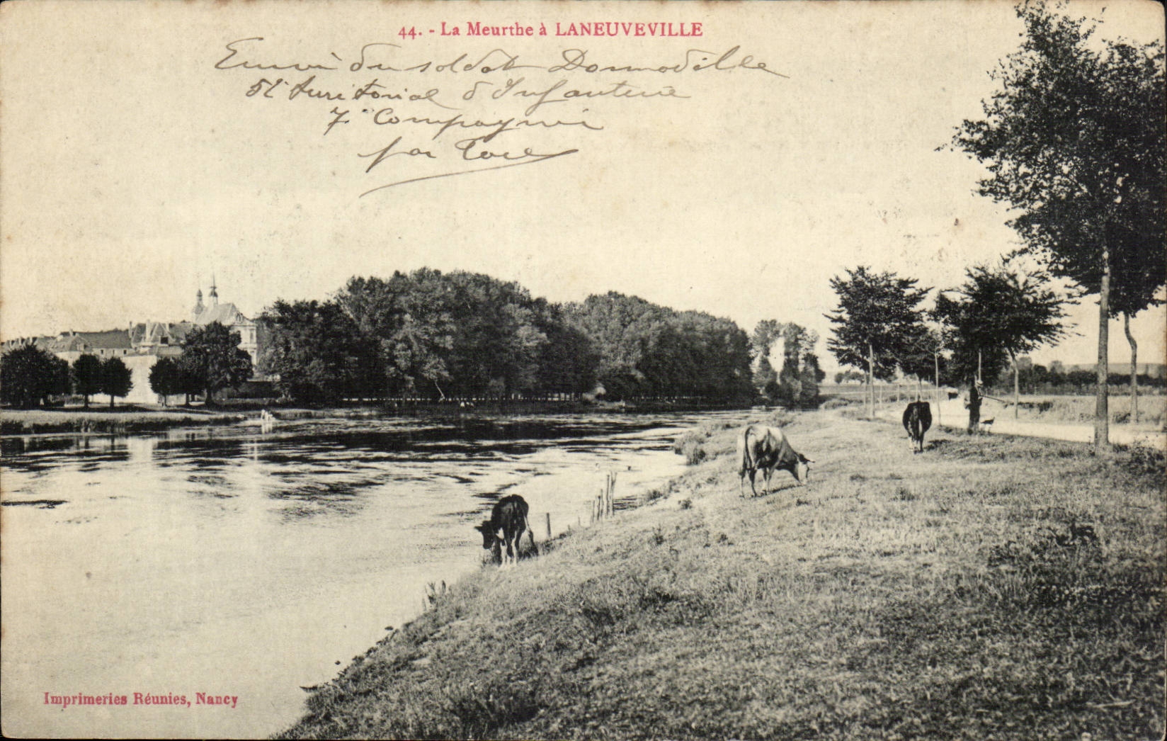 La Meurthe à LANEUVEVILLE — vue de la rivière avec vaches — Imprimeries Réunies, Nancy, n°44