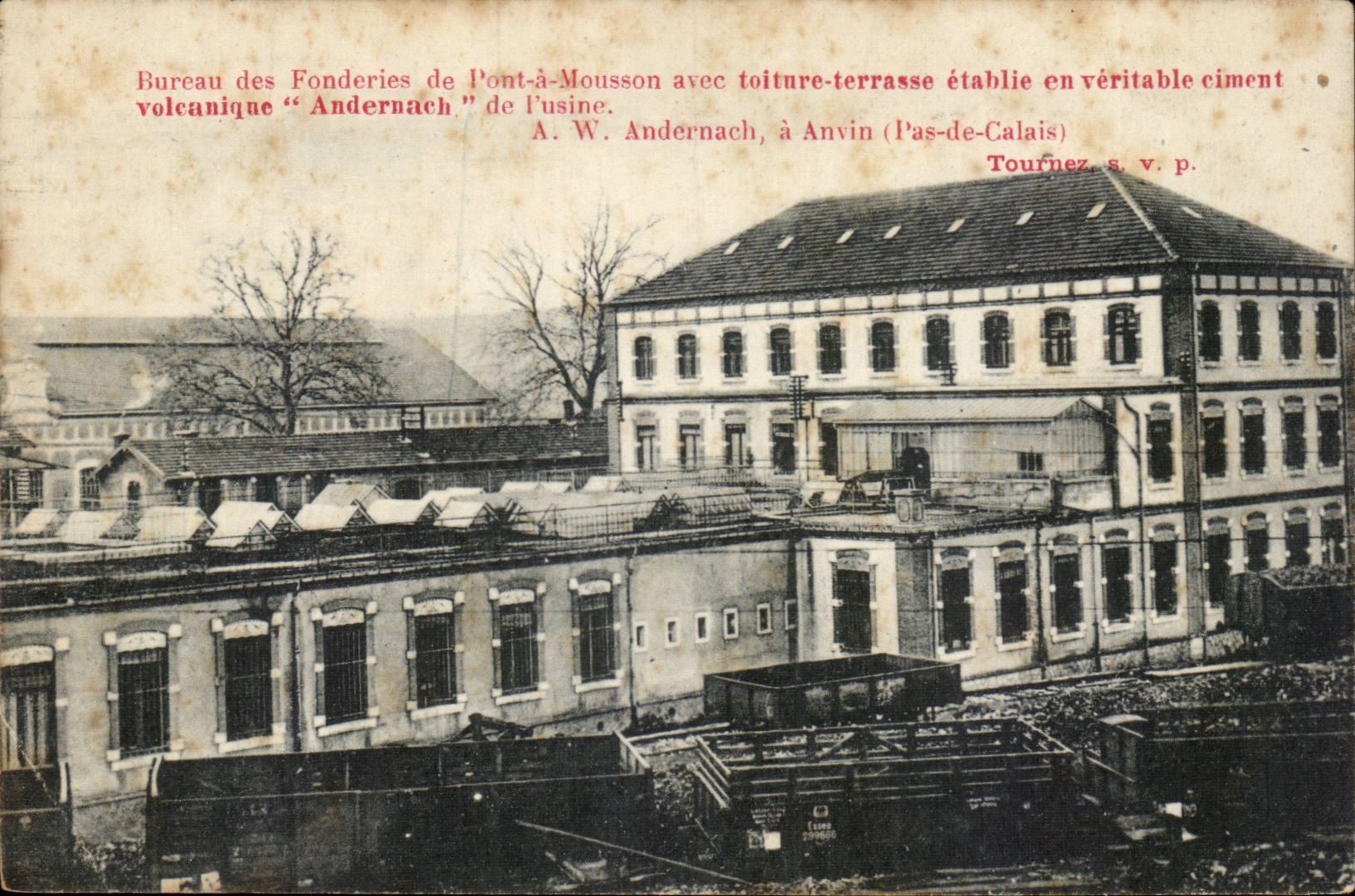 Bureau des Fonderies de Pont-à-Mousson — toiture-terrasse en ciment volcanique Andernach — A. W. Andernach, Anvin (Pas-de-Calais)