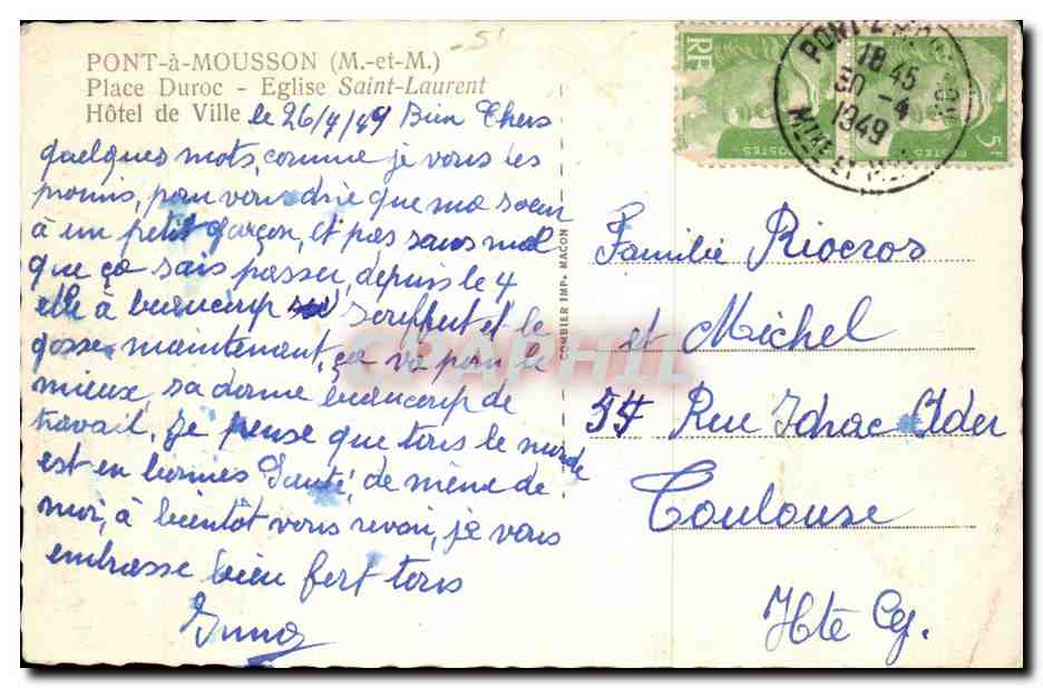 Pont-à-Mousson — Place Duroc avec fontaine et hôtel de ville — Comblain Imp. Macon — Rückseite