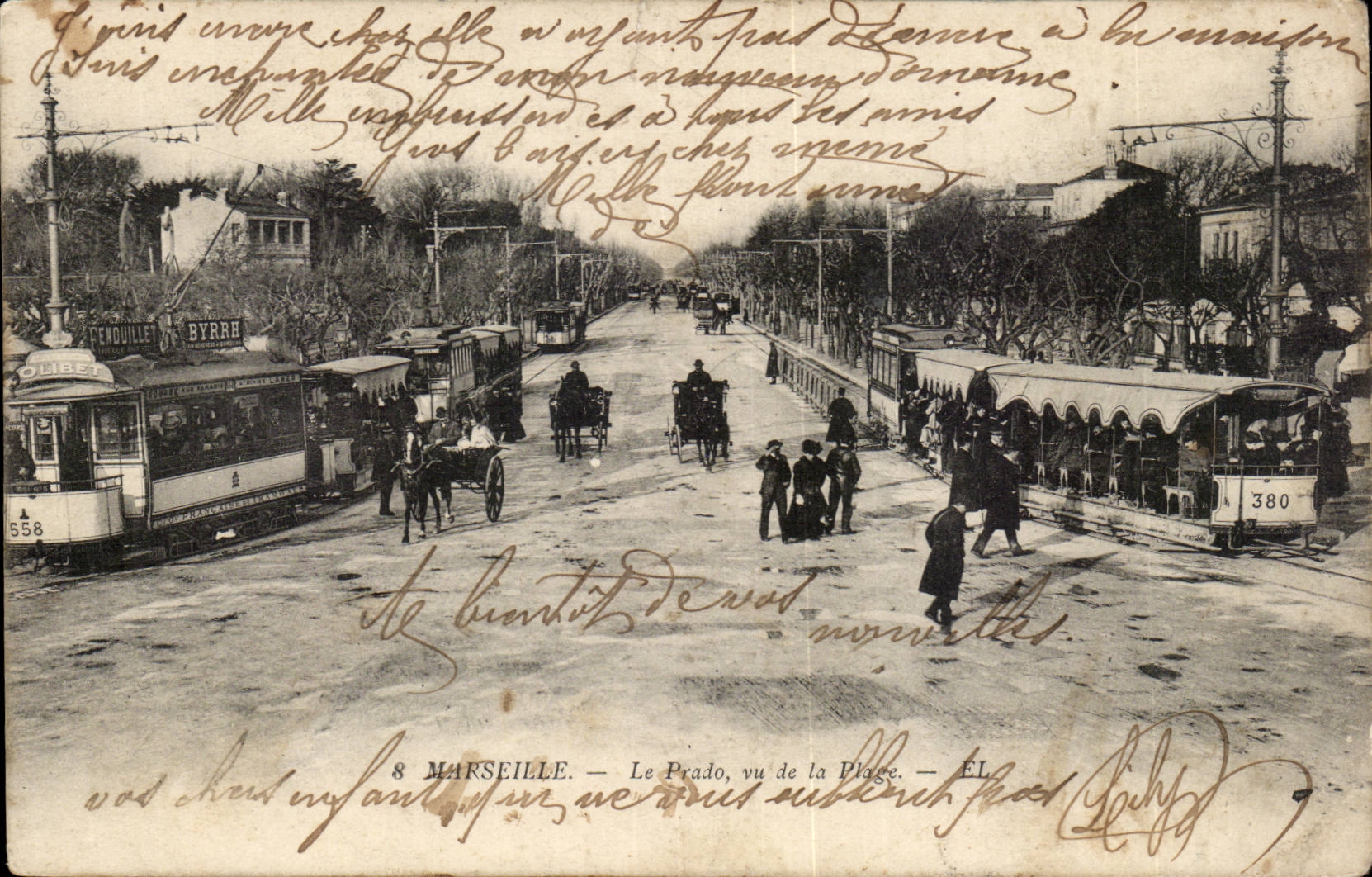 Marseille - Le Prado vu de la Plage tramway - Byrrh - liqueur - alcool - CPA 