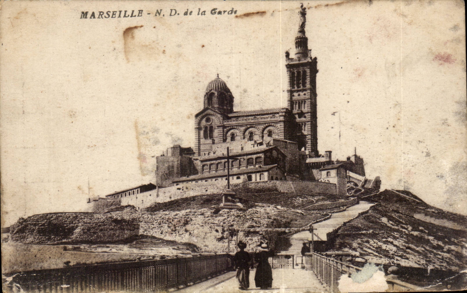 Marseille - Notre dame de la Garde - people walking to church - CPA 