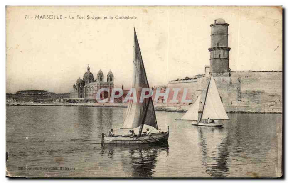 Marseille - Le Fort St Jean et la Cathedrale - Voilier - bateau - CPA 