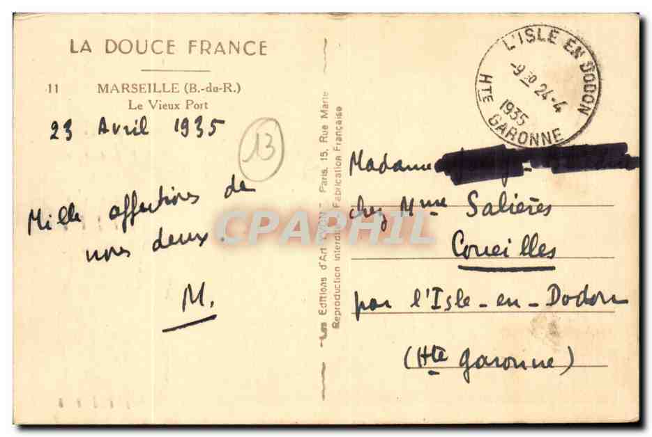 Marseille CPA Le vieux port — Verso