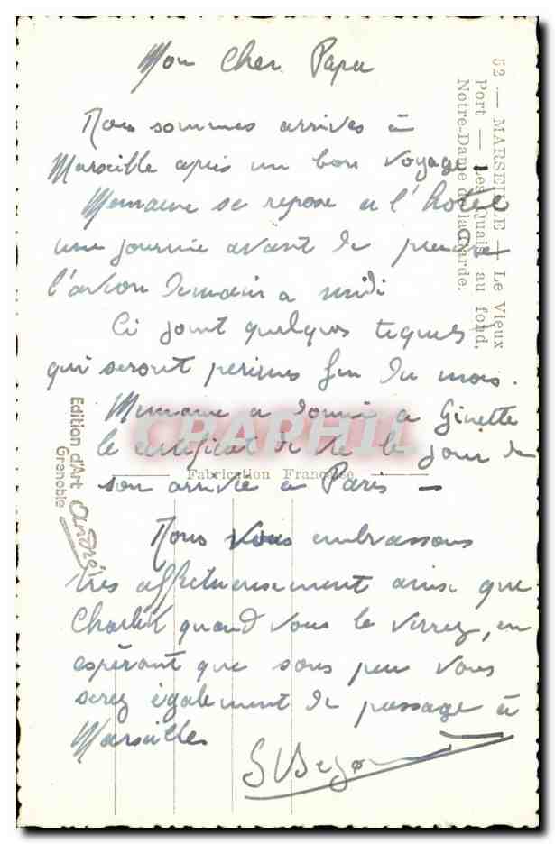 Marseille CPA Le vieux port Les quais au fond Notre Dame de la Garde — Verso