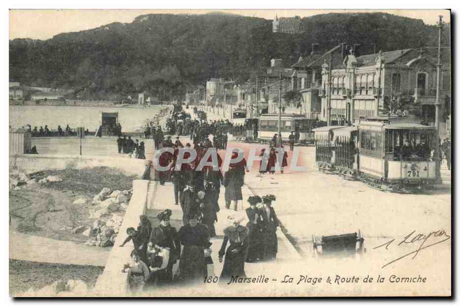 Marseille - La Plage & Route de la Corniche — CPAPHIL n°180, éditeur Layron