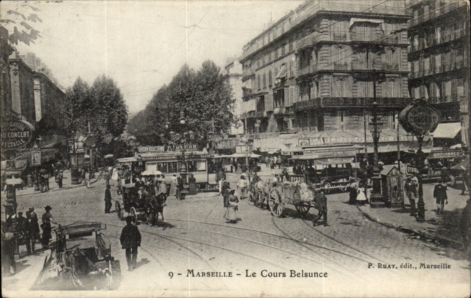 Marseille - Le Cours Belsunce — vue animée avec tramway et commerces — P. Ruat, édit., Marseille
