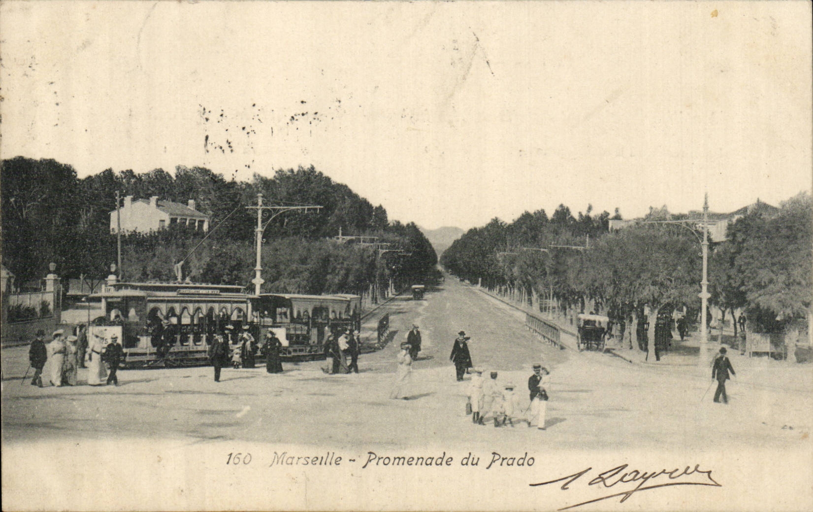 Marseille - Promenade du Prado - tramway - people in period clothing - CPA 