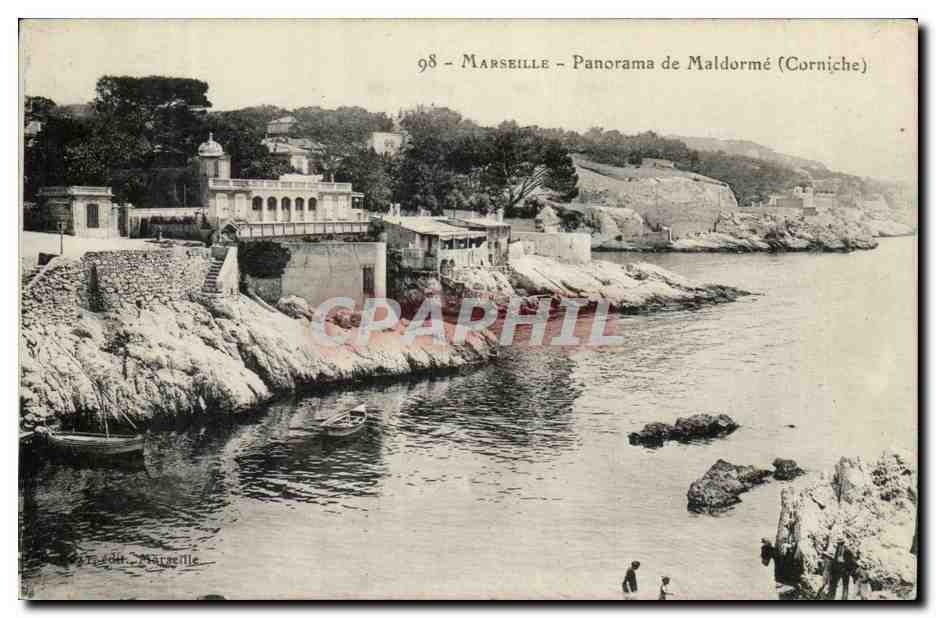 Marseille - Panorama de Maldorme - Corniche - sparkling water with fishing boat in corner - CPA 