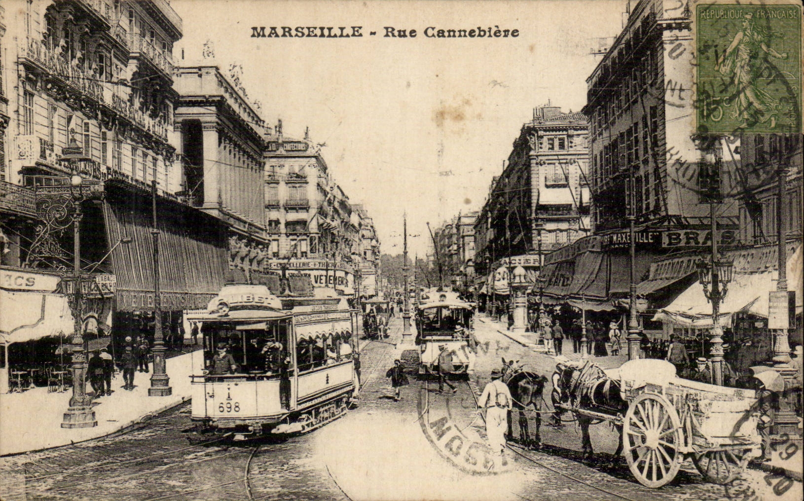 MARSSELLA - Rue Cannebière — vista animada con tranvía n°696 y carreta de bueyes — editor no visible